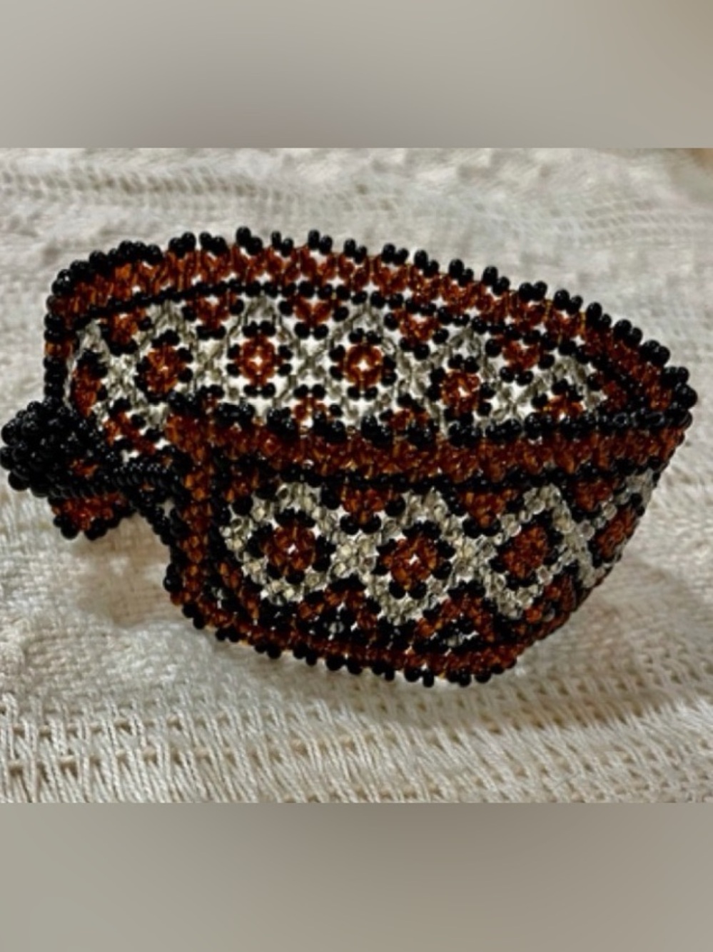 Vintage Huichol Seed Bead Bracelet Bronze, Silver & Black Diamond Design …